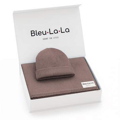 Brown baby hat and blanket set with 'Bleu La La' branding on a white background