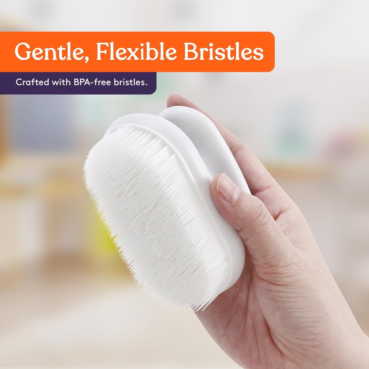 Hand holding a 
Special Supplies sensory therapy brush for Wilbarger Protocol deep pressure stimulation with text about gentle, flexible bristles and BPA-free material.