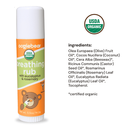 Oogiebear breathing rub with USDA Organic label and ingredient list on a white background