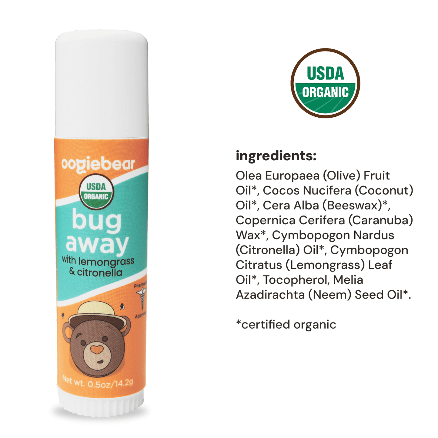 Close-up of oogiebear Bug Away Balm showing USDA organic natural insect repellent formula