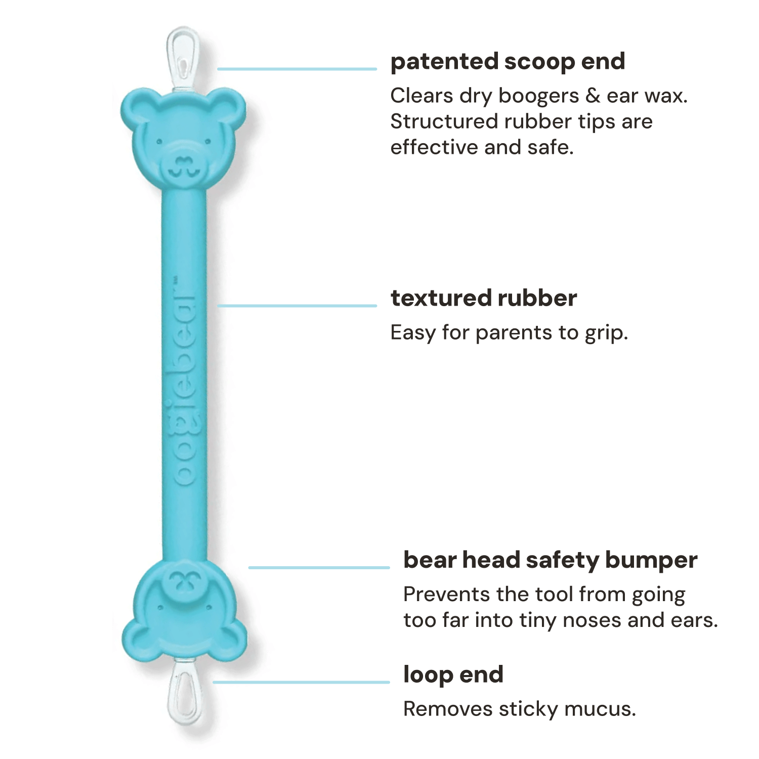 Close-up of oogiebear booger picker showing patented scoop tip and loop end for mucus remova