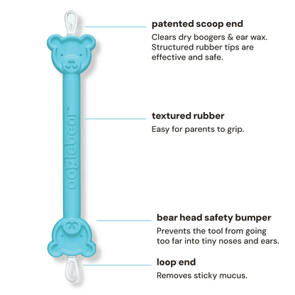 Close-up of oogiebear booger picker showing patented scoop tip and loop end for mucus remova