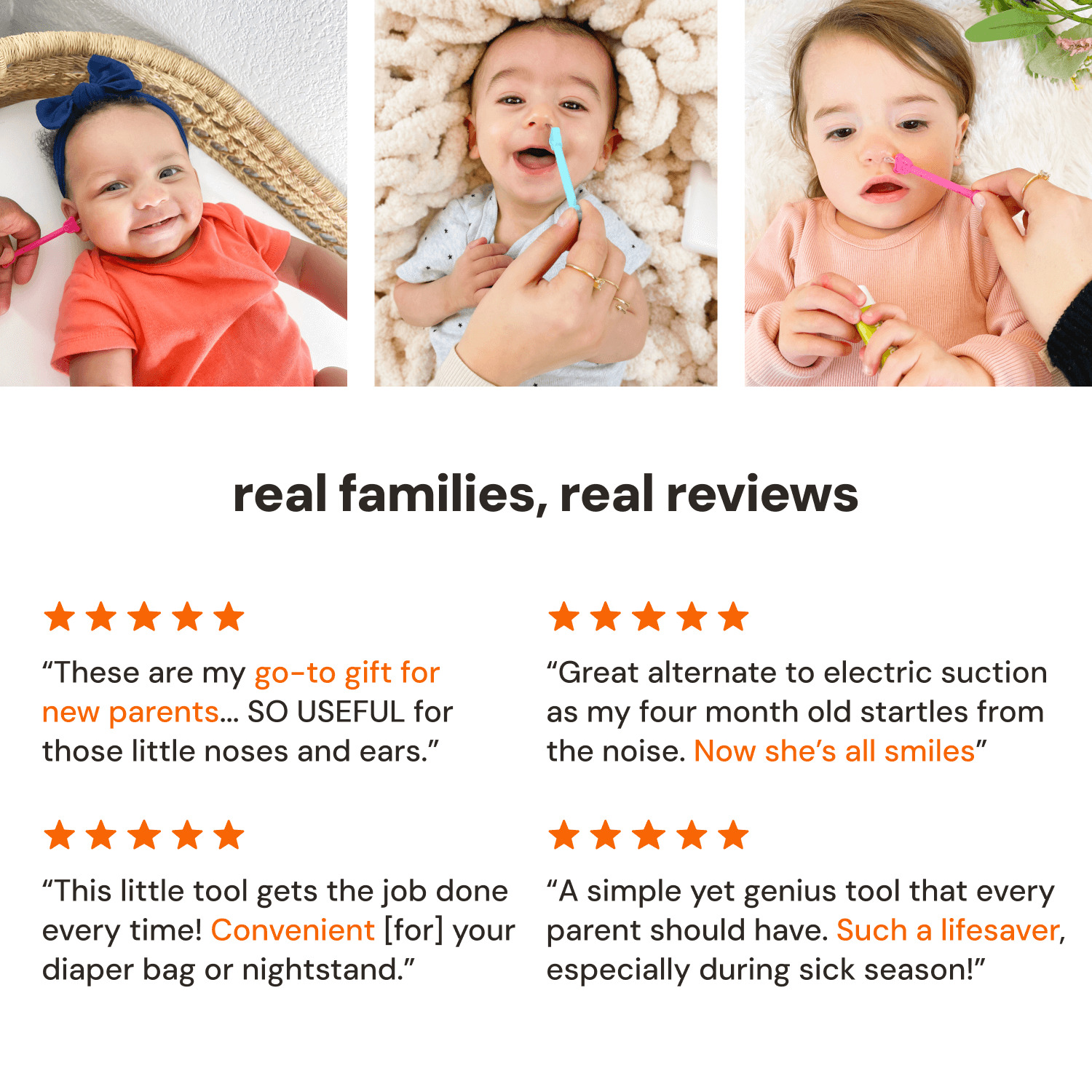 Parents using Oogiebear booger picker with text reviews below on a white background.