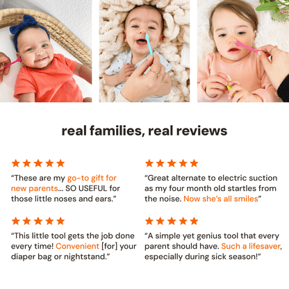 Parents using Oogiebear booger picker with text reviews below on a white background.