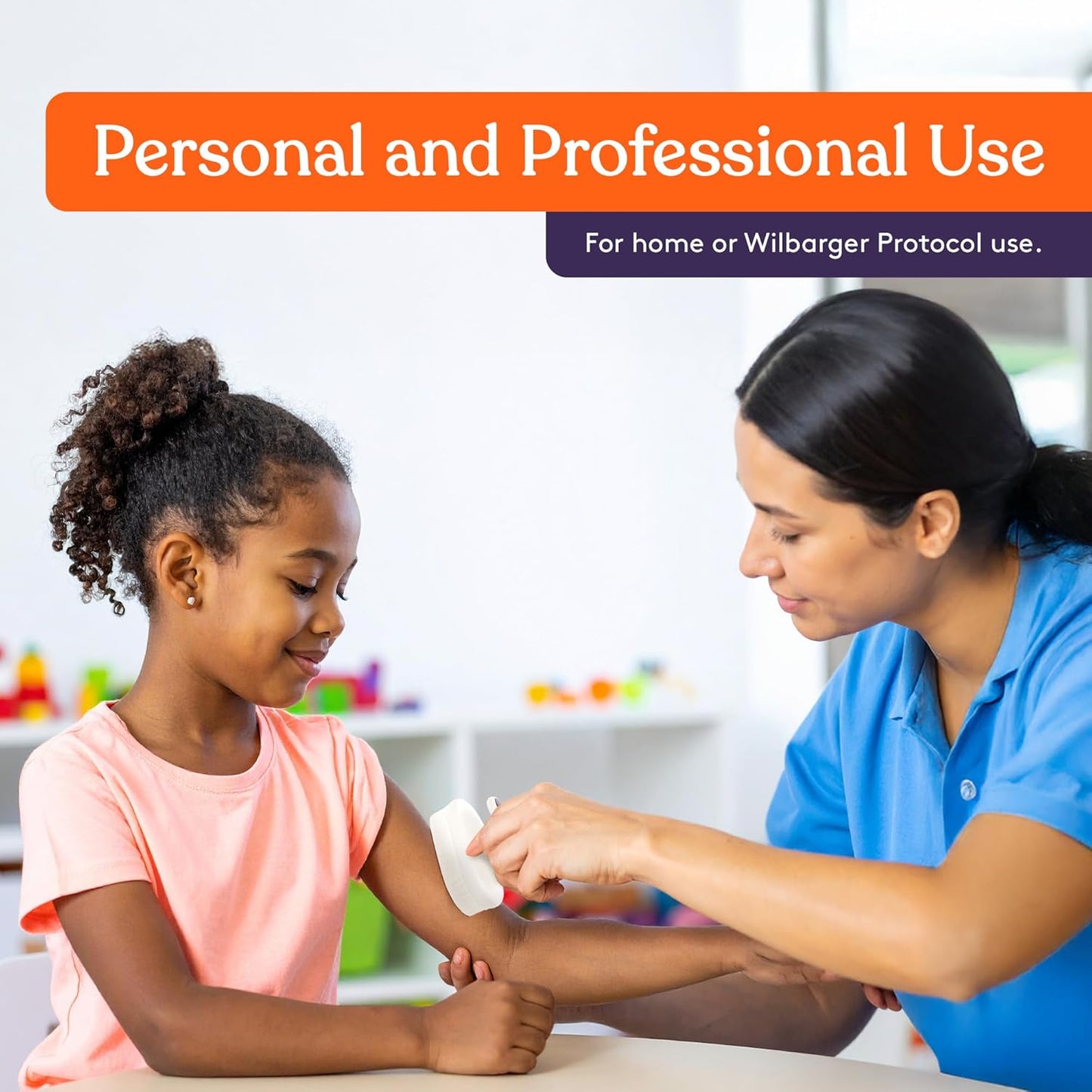 Woman using the Special Supplies sensory therapy brush for Wilbarger Protocol deep-pressure stimulation on a child's arm, with text about personal and professional use.