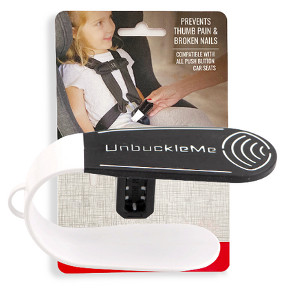 Black and White UnbuckleMe product with packaging showing a child in a car seat.