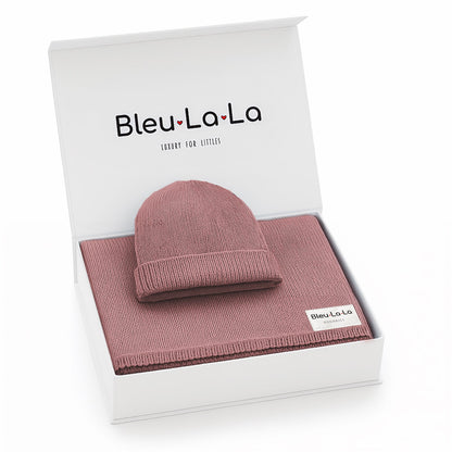 Pink baby hat and blanket set with 'Bleu La La' branding on a white background