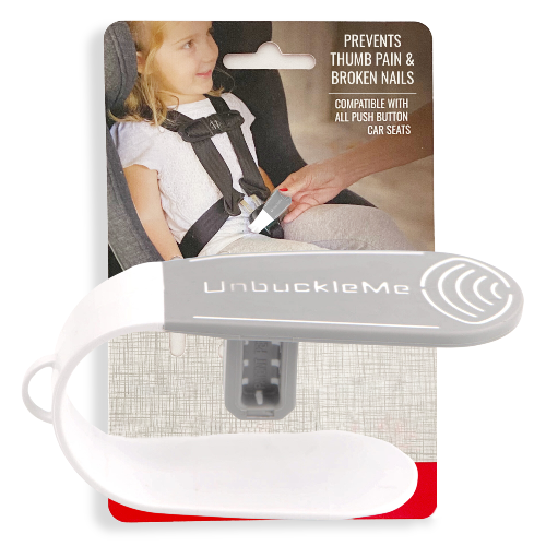 White UnbuckleMe car seat safety device with packaging showing a child in a car seat.