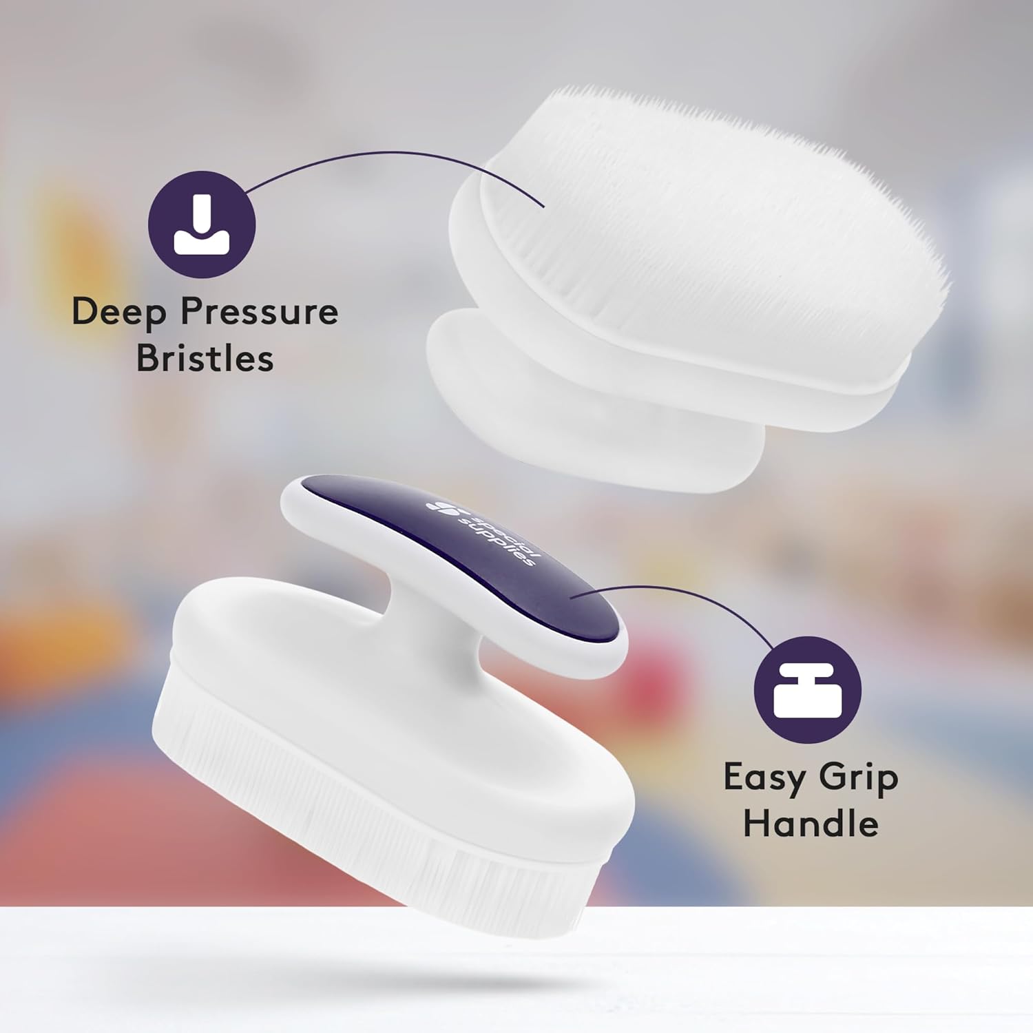 
Special Supplies sensory therapy brush for Wilbarger Protocol deep pressure stimulation, White and purple cleaning tool with deep pressure bristles and easy grip handle on a colorful abstract background