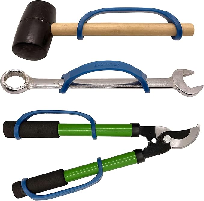 Set of garden tools with EazyHold grips including a mallet, wrench, and lopper on a white background.