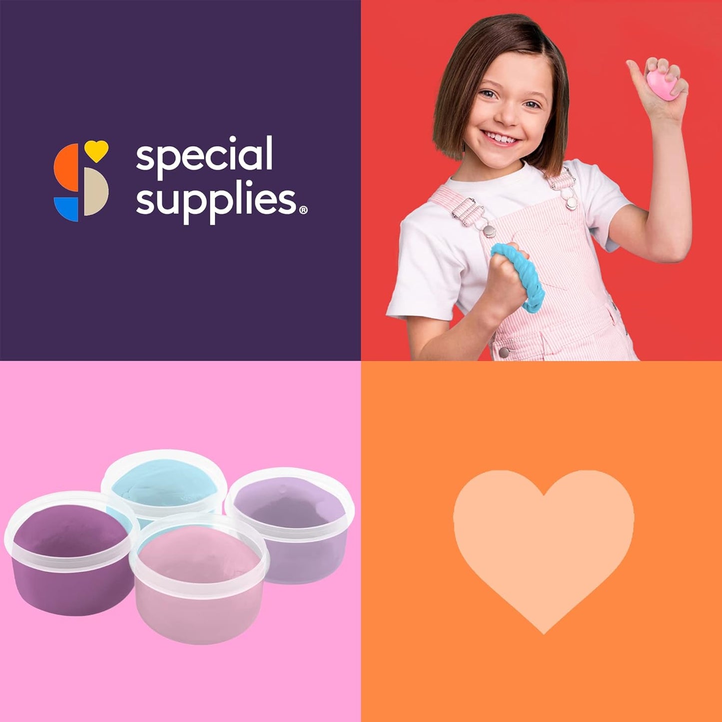 Promotional image for 'special supplies' with a child, containers, and a heart on a colorful background.