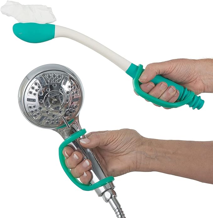 Handheld shower head with a flexible hose held by EaZyHold grip handles on a white background.