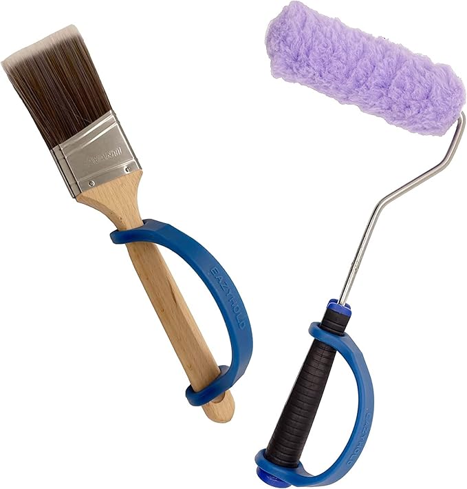 Paint brush and roller with blue EazyHold grips handles on a white background