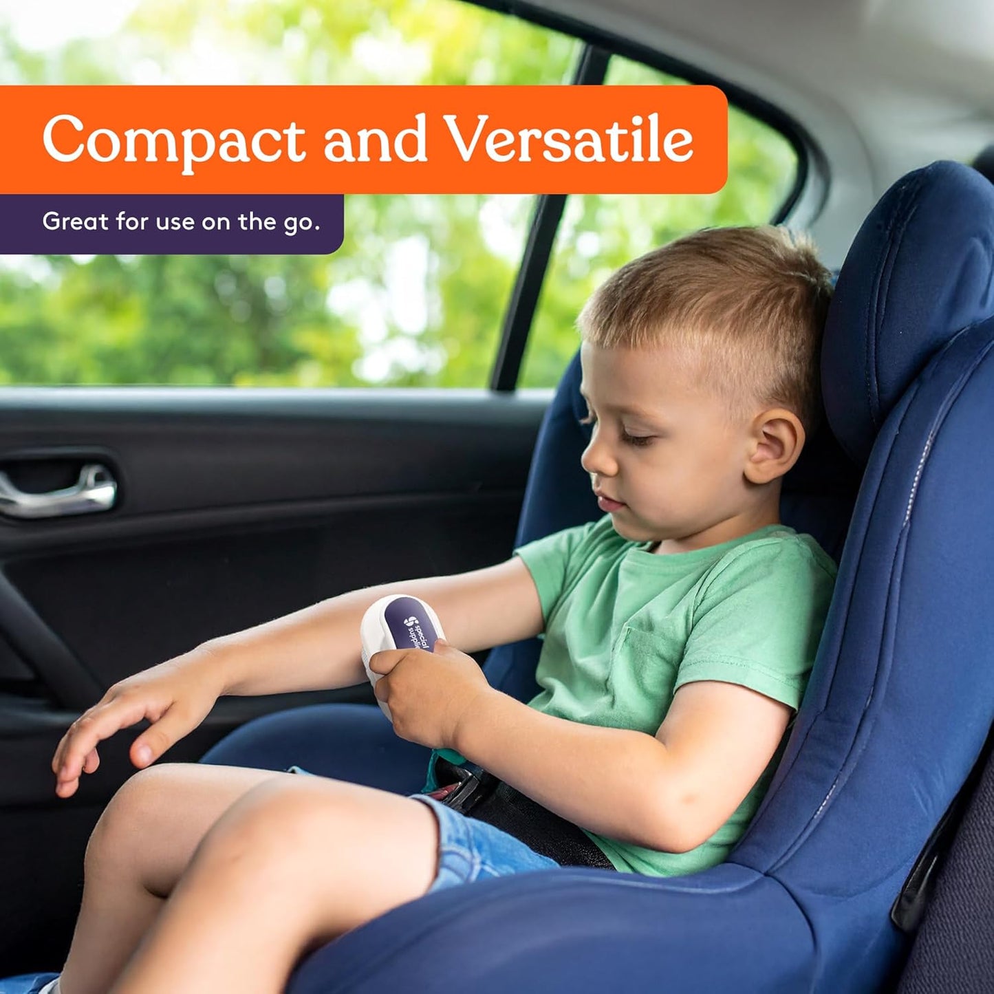 Child using a Sensory Therapy Brush in a blue car seat with text 'Compact and Versatile' above.