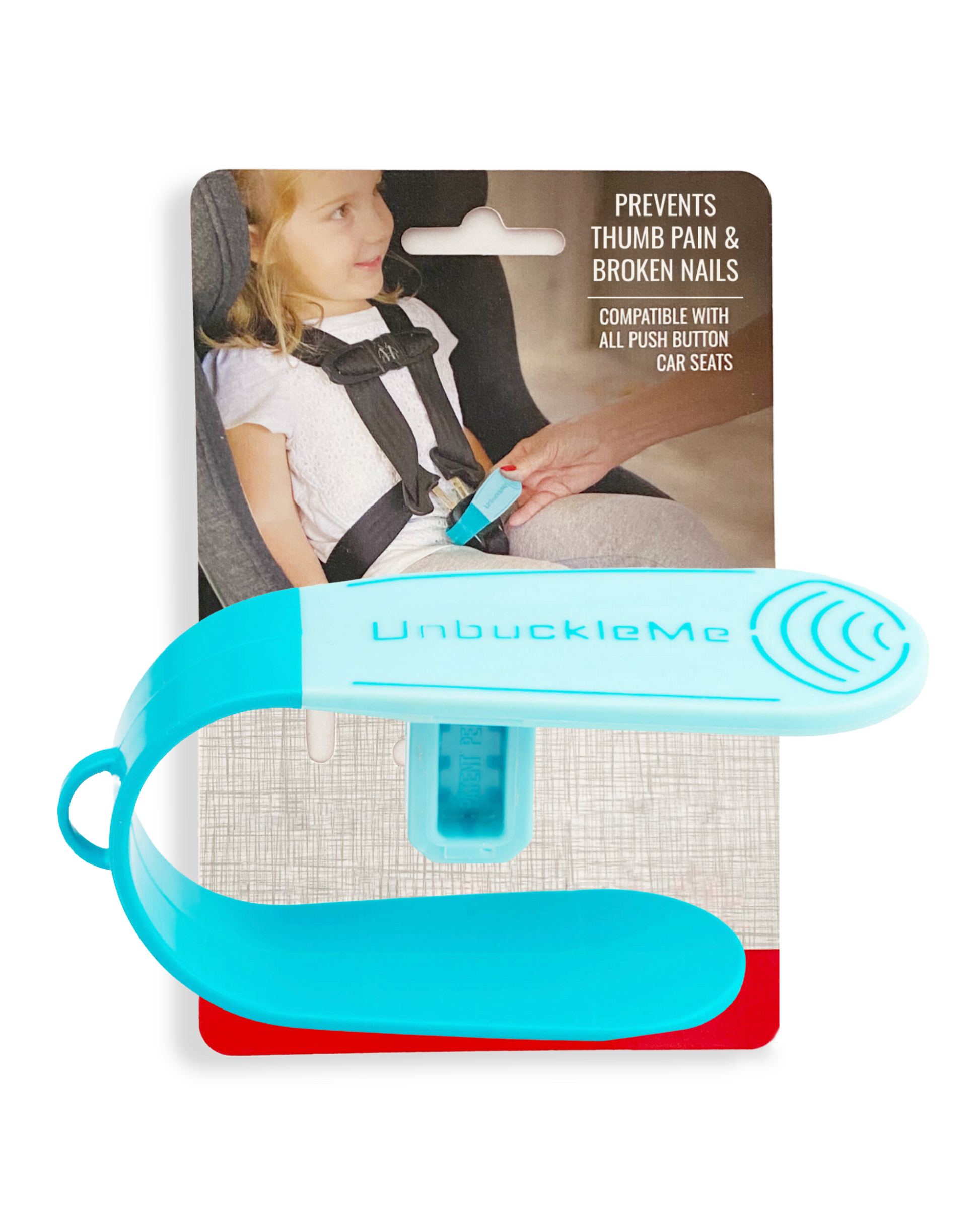 UnbuckleMe product on packaging with child in car seat background