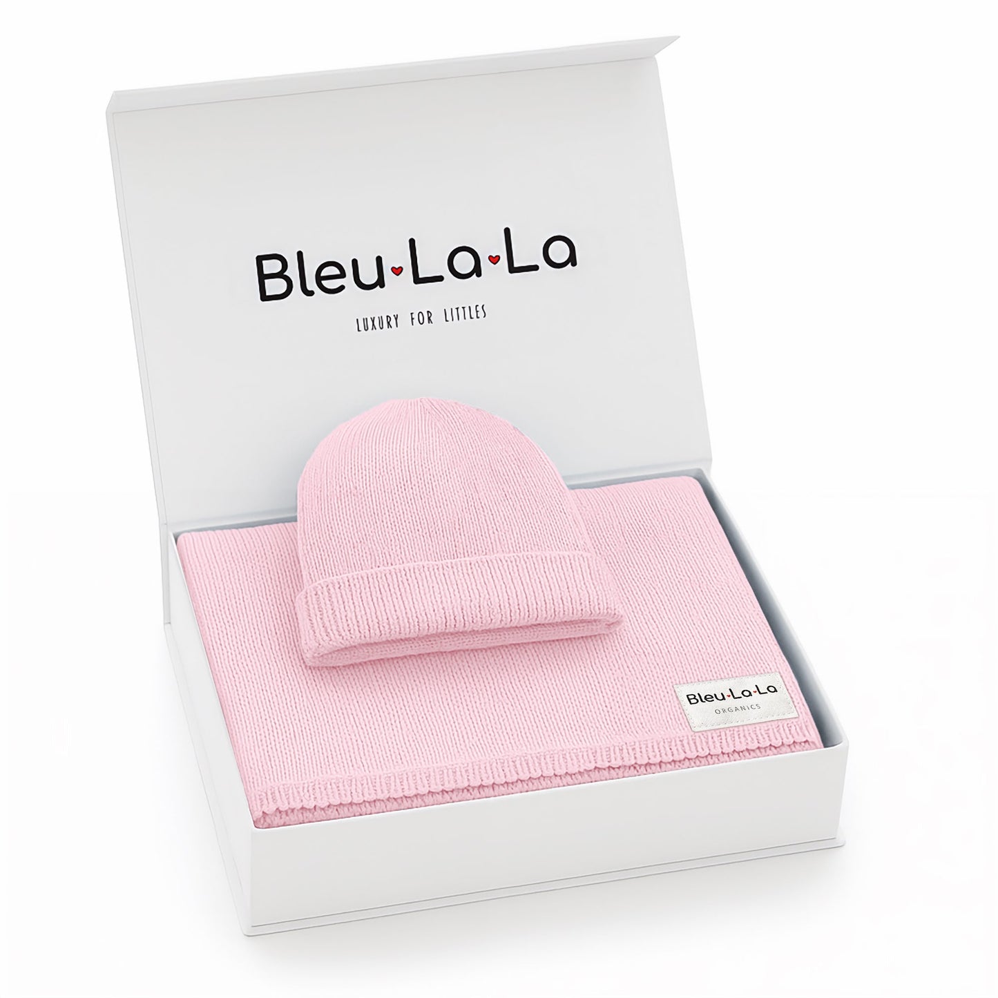 Pink baby hat and blanket set in a 'Bleu La La' box on a white background