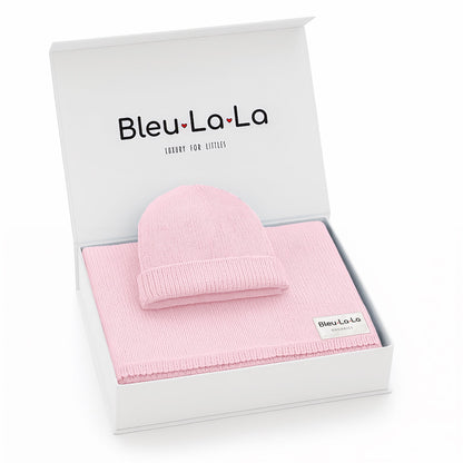 Pink baby hat and blanket set in a 'Bleu La La' box on a white background