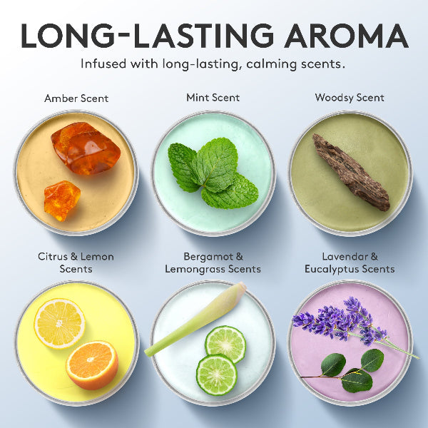 Illustration of different scents with corresponding scents listed below on a light blue background.