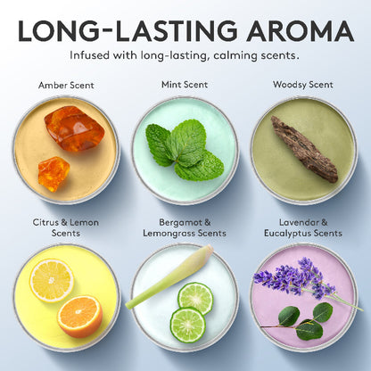 Illustration of different scents with corresponding scents listed below on a light blue background.