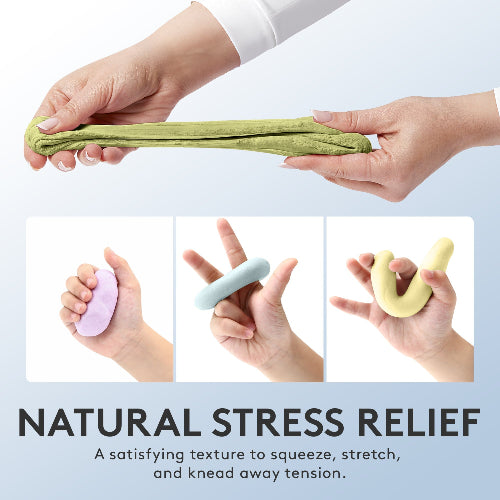 Hands interacting with stress relief tools on a light blue background. Natural Stress Relief: A satisfying texture to squeeze, stretch, and knead away tension.