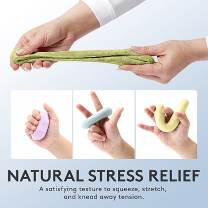 Hands interacting with stress relief tools on a light blue background. Natural Stress Relief: A satisfying texture to squeeze, stretch, and knead away tension.