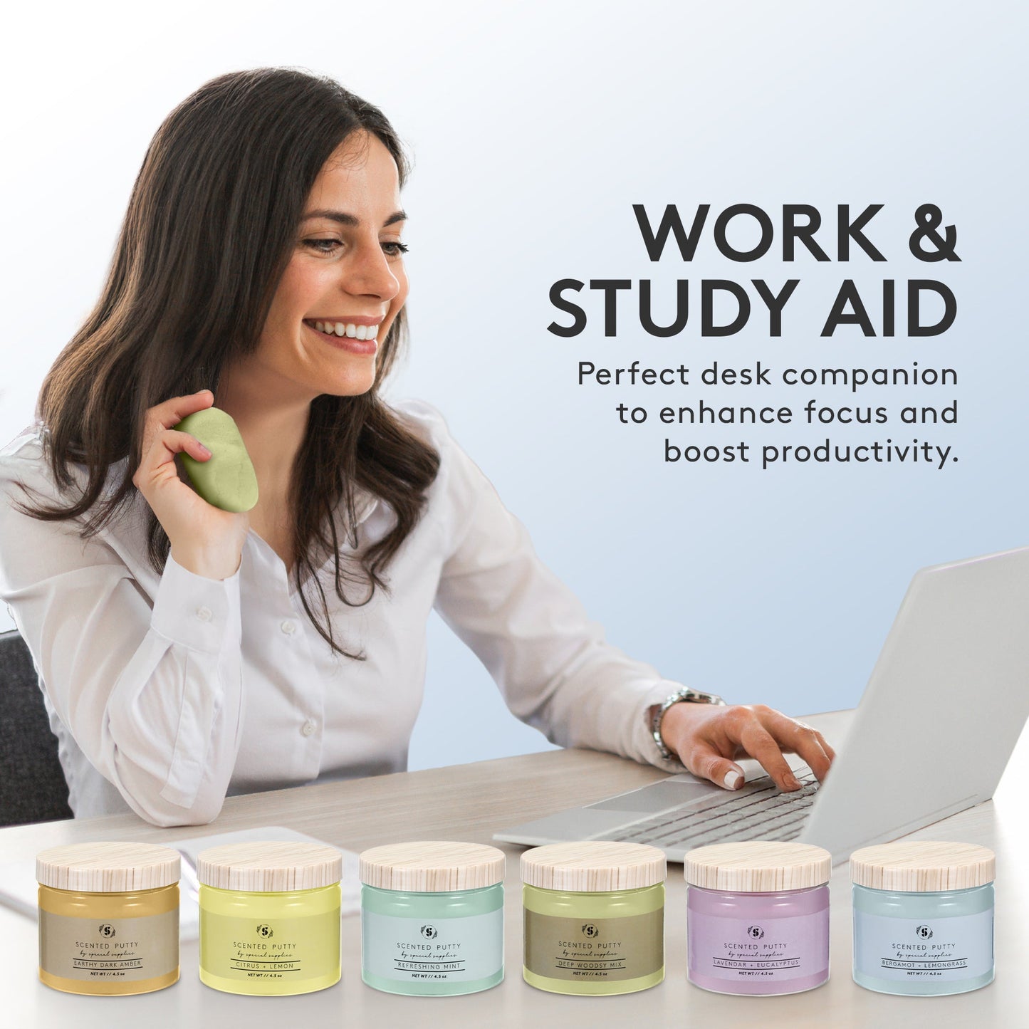 Woman sitting at a desk with a laptop, holding a green stress ball, surrounded by jars labeled 'Work & Study Aid'. Perfect desk companion to enhance focus and boost productivity.