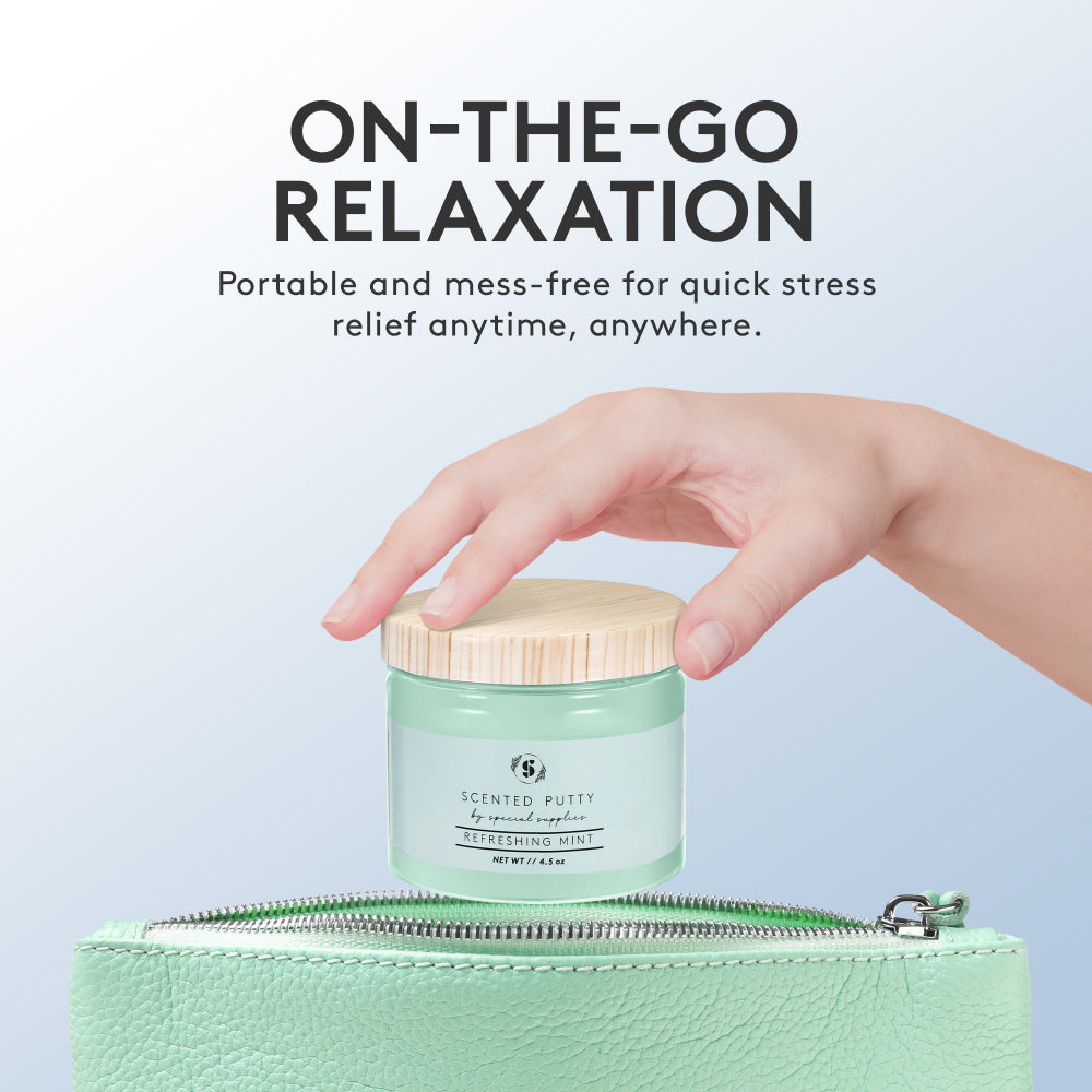 Hand holding a small jar labeled 'Scented Putty' with text about on-the-go relaxation.