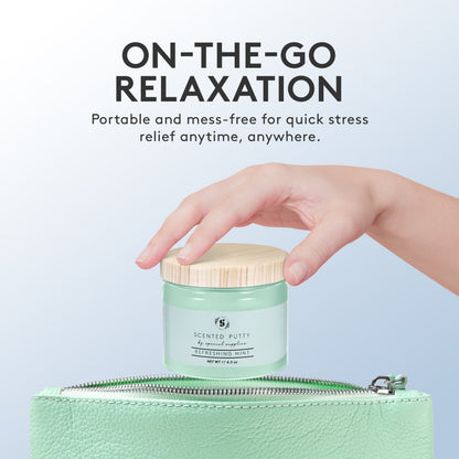 Hand holding a small jar labeled 'Scented Putty' with text about on-the-go relaxation.