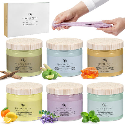 Set of scented putty jars with decorative elements and a hand holding a towel.