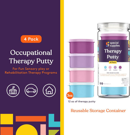 Occupational therapy putty packaging with colorful containers and a reusable storage container on a purple background. Copy reads: For fun sensory play or rehabilitation therapy programs.