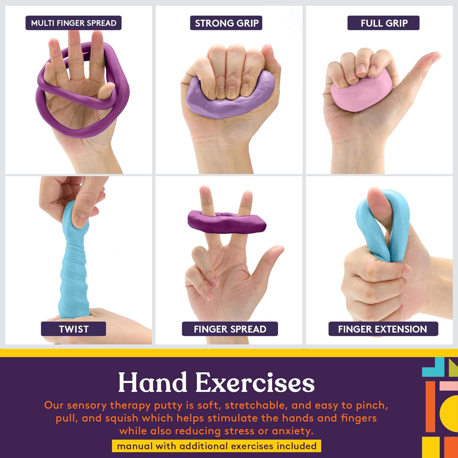 Hand exercises using different tools with labeled stages of hand movement. Copy reads: Our sensory therapy putty is soft, stretchable, and easy to pinch, pull, and squish which helps stimulate the hands and fingers while also reducing stress or anxiety.