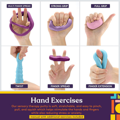 Hand exercises using different tools with labeled stages of hand movement. Copy reads: Our sensory therapy putty is soft, stretchable, and easy to pinch, pull, and squish which helps stimulate the hands and fingers while also reducing stress or anxiety.