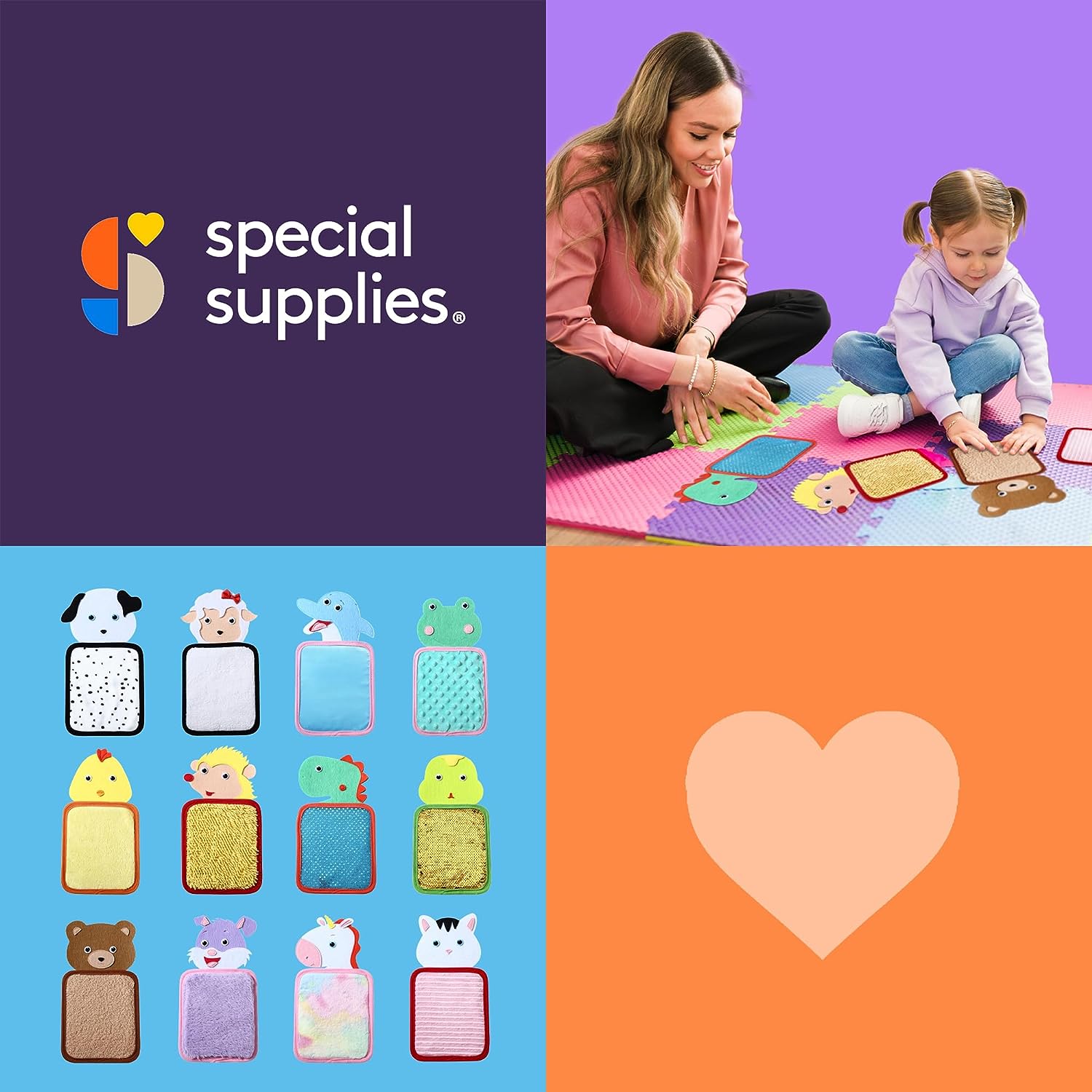 Promotional image for 'special supplies' with a woman and child playing on a mat, special Supplies sensory zoo animal mats with multiple textures for tactile stimulation, and a heart symbol.