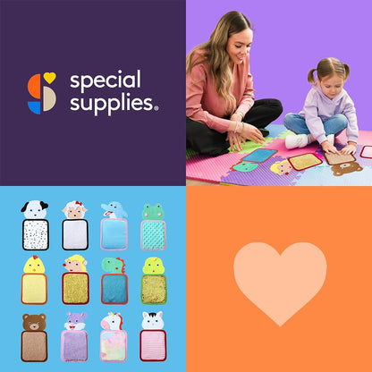 Promotional image for 'special supplies' with a woman and child playing on a mat, special Supplies sensory zoo animal mats with multiple textures for tactile stimulation, and a heart symbol.