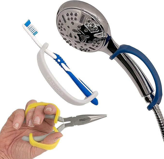 Handheld shower head, toothbrush, and pliers held by a EazyHold grips handles on a white background