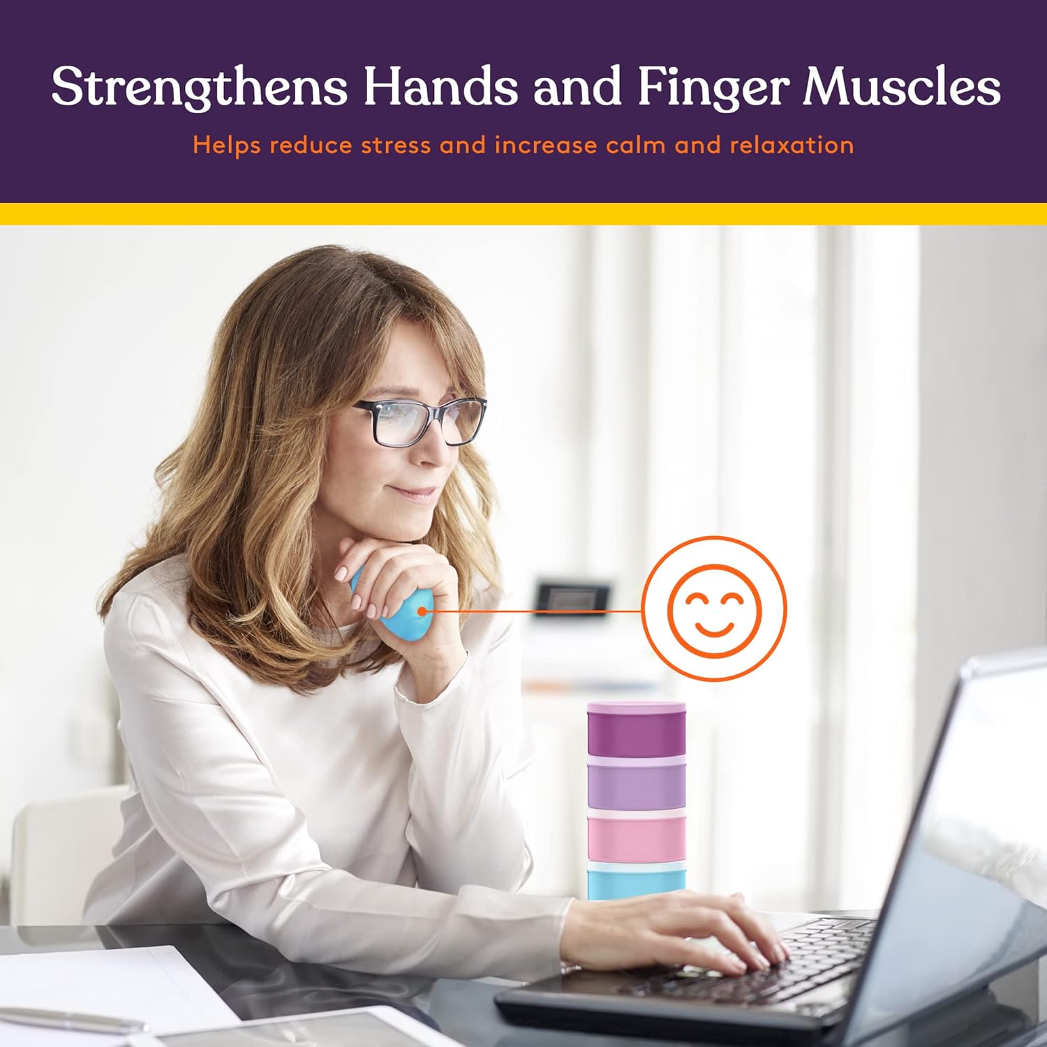 Woman using a putty at a desk with text that is helps reduce stress and increase calm and relaxation.