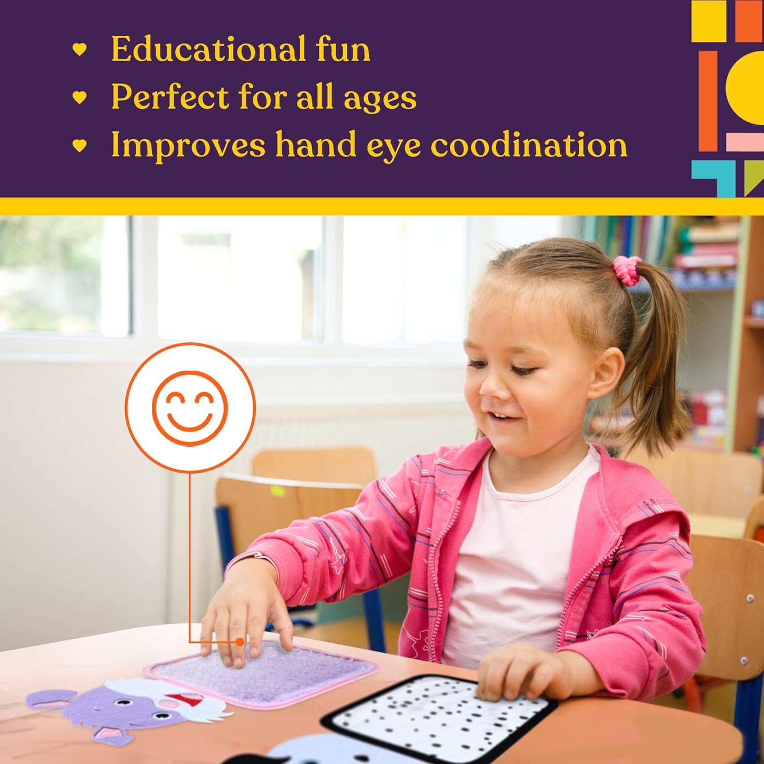 Child playing with educational toys at a table, with text about educational fun and hand-eye coordination.
