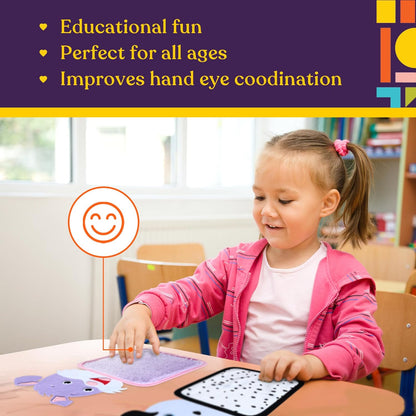 Child playing with educational toys at a table, with text about educational fun and hand-eye coordination.