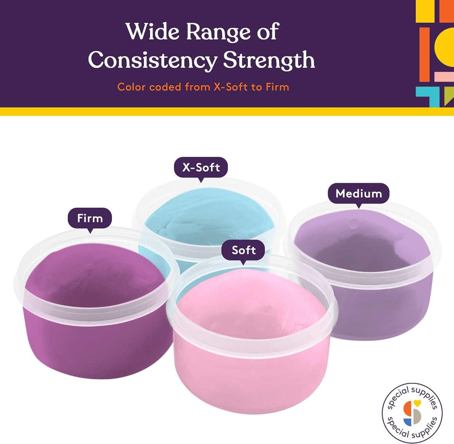 Color-coded containers for different consistency strengths with a purple background and Special Suppies logo.