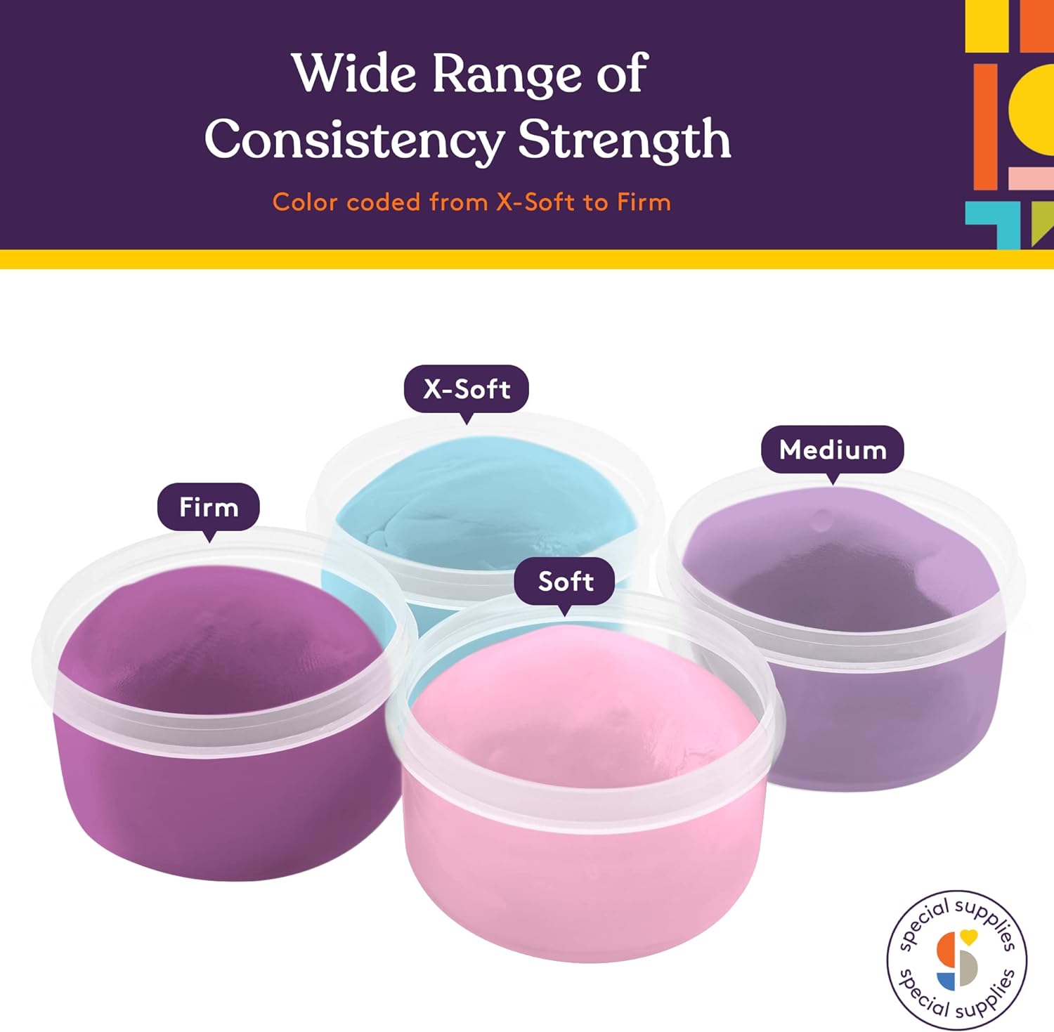 Color-coded containers for different consistency strengths with a purple background and Special Suppies logo.