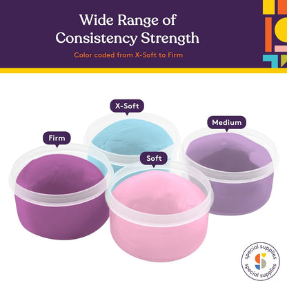 Color-coded containers for different consistency strengths with a purple background and Special Suppies logo.