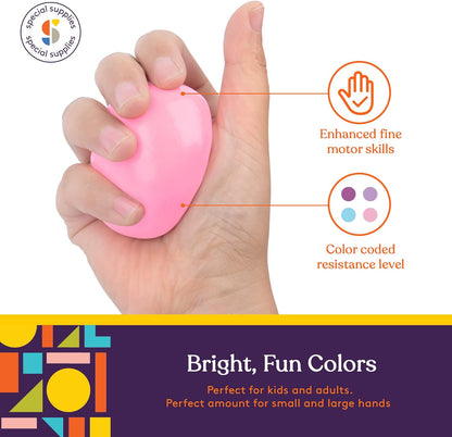 Hand holding a pink fidget toy with text on enhanced fine motor skills and color-coded resistance level. Perfect for small and large hands.