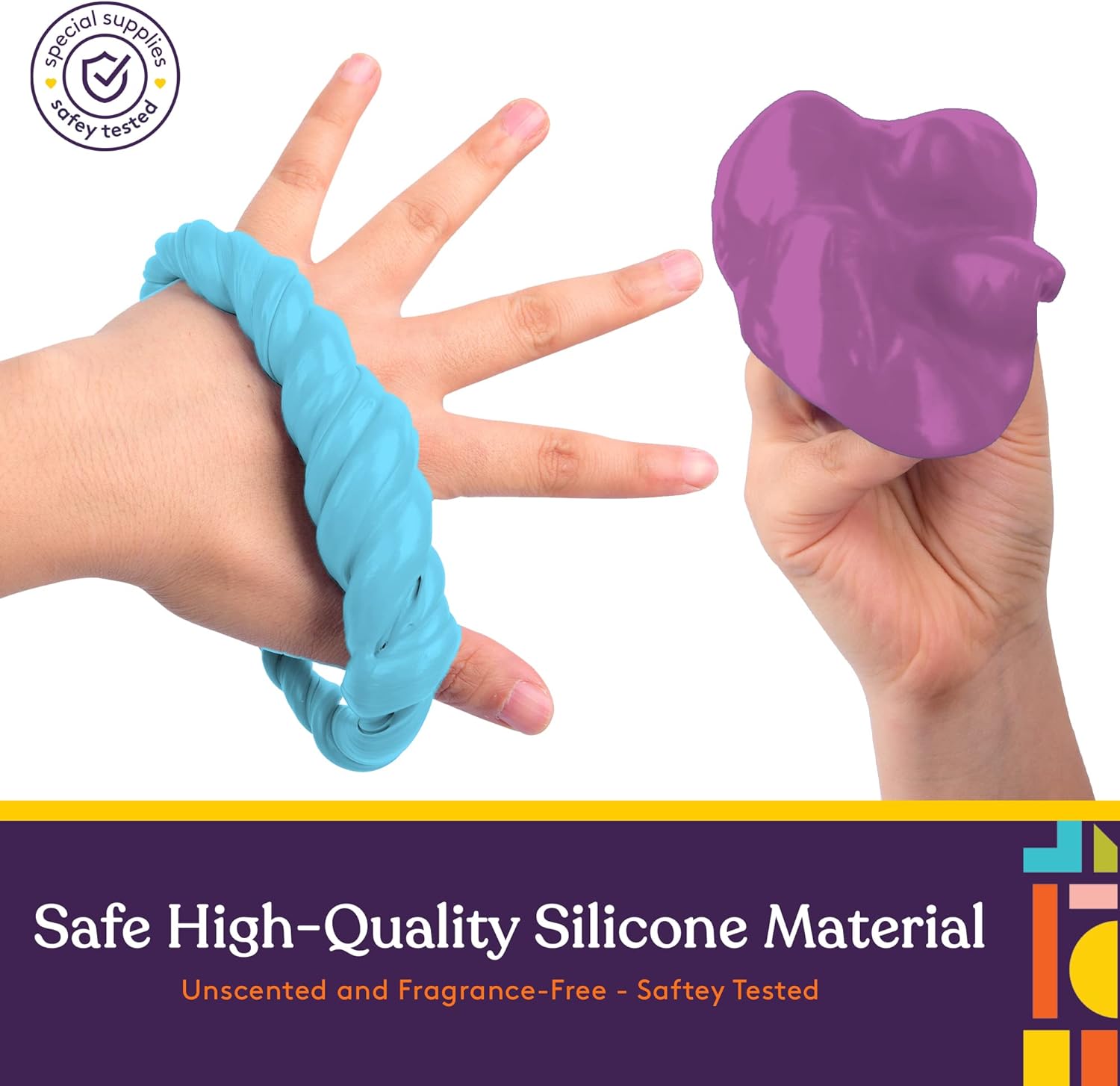 Hands holding blue and purple silicone items with safety certification logo and text about material quality. Safe high-quality silicone material. Unscented and fragrance-free - safety tested.