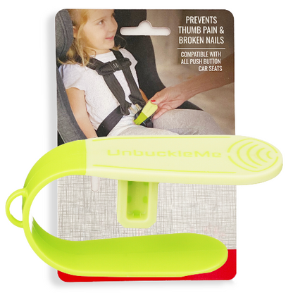 Yellow 'UntuckMe' product with packaging showing a child in a car seat.