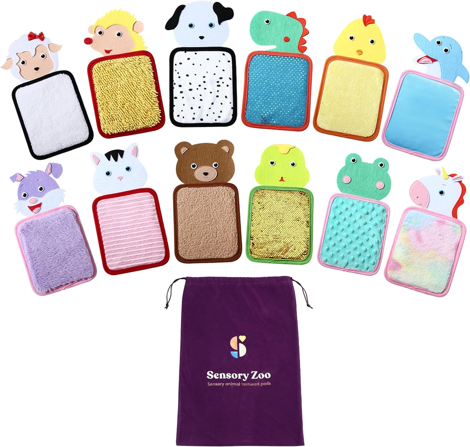Collection of colorful animal-themed textured pads with a purple drawstring bag labeled 'Sensory Zoo' on a white background.