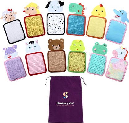 Collection of colorful animal-themed textured pads with a purple drawstring bag labeled 'Sensory Zoo' on a white background.
