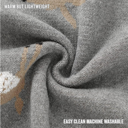 Gray fabric with a pattern, labeled 'Warm but Lightweight' and 'Easy Clean Machine Washable'.