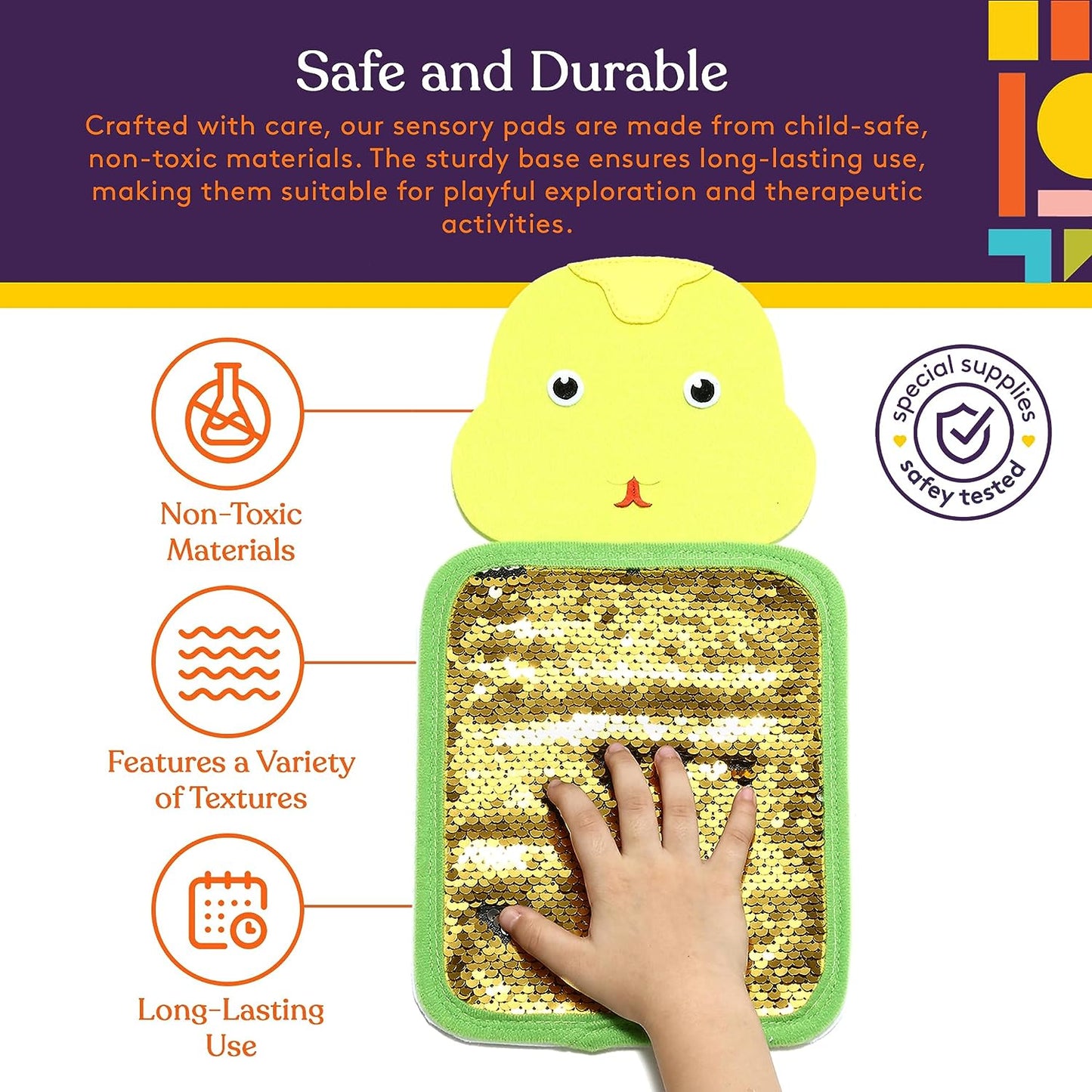 Sensory pad with duck design, hand touching it, and safety certification logo on a colorful background.