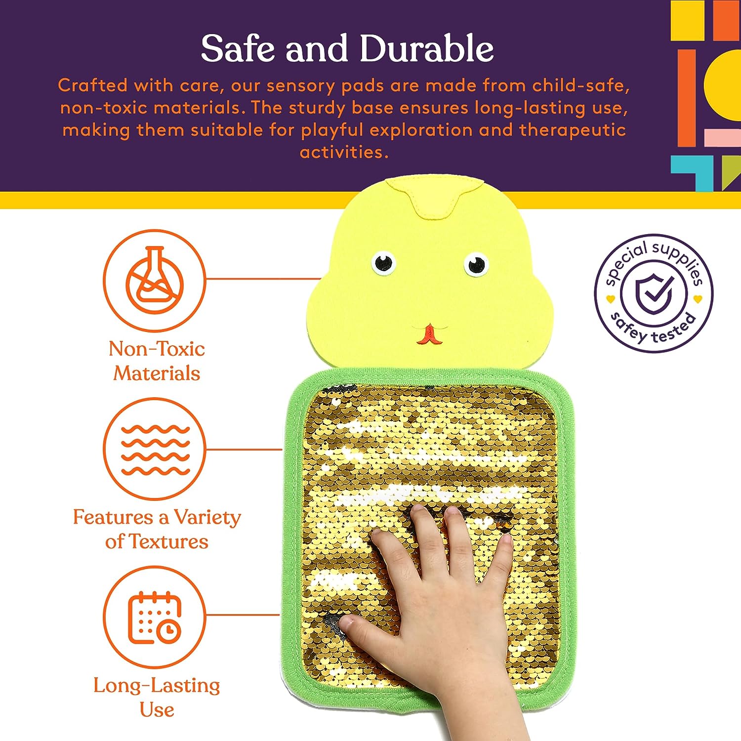 Sensory pad with duck design, hand touching it, and safety certification logo on a colorful background.