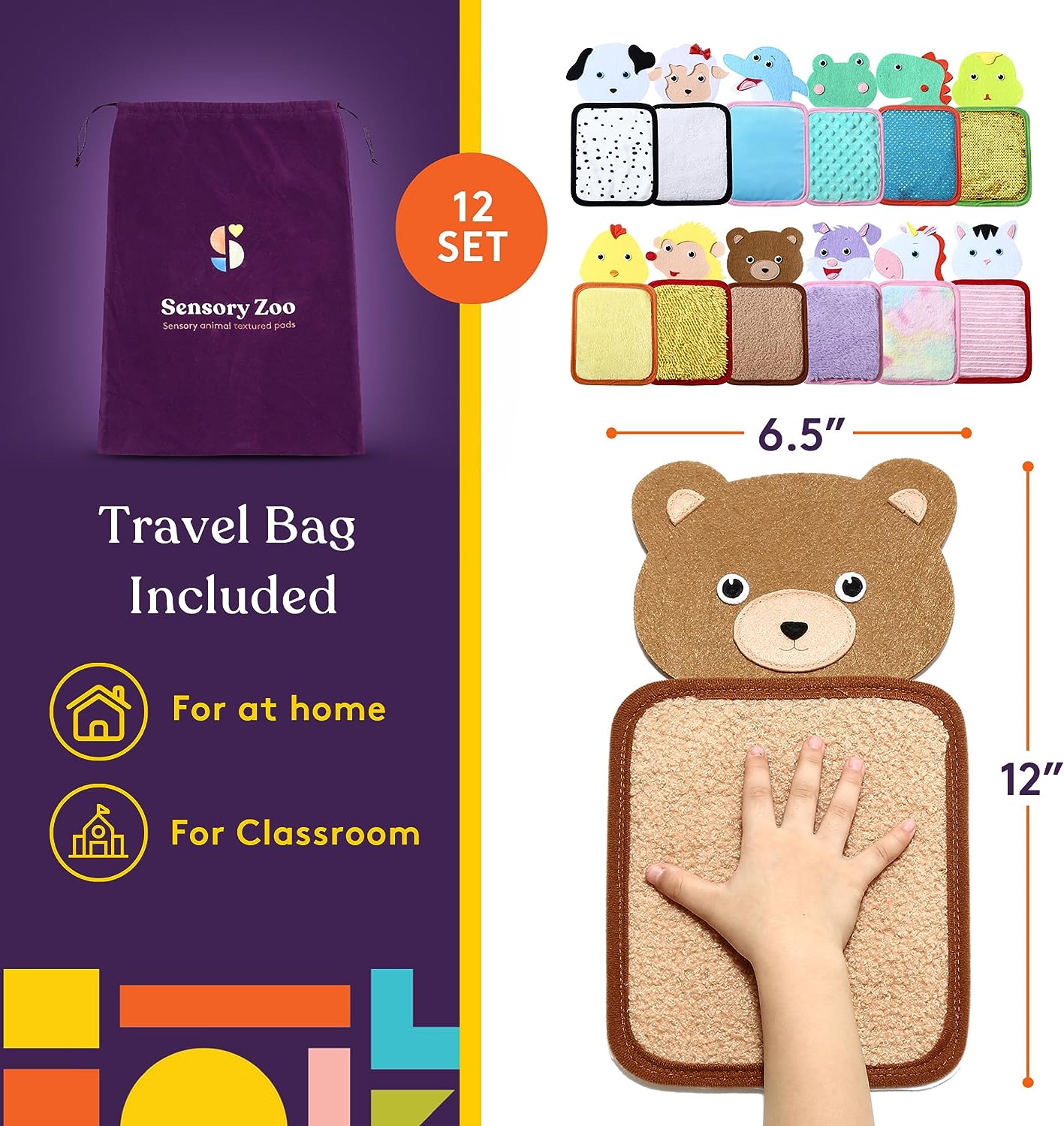 Sensory Zoo product set with travel bag, animal-themed mats, and a hand for scale on a purple background.